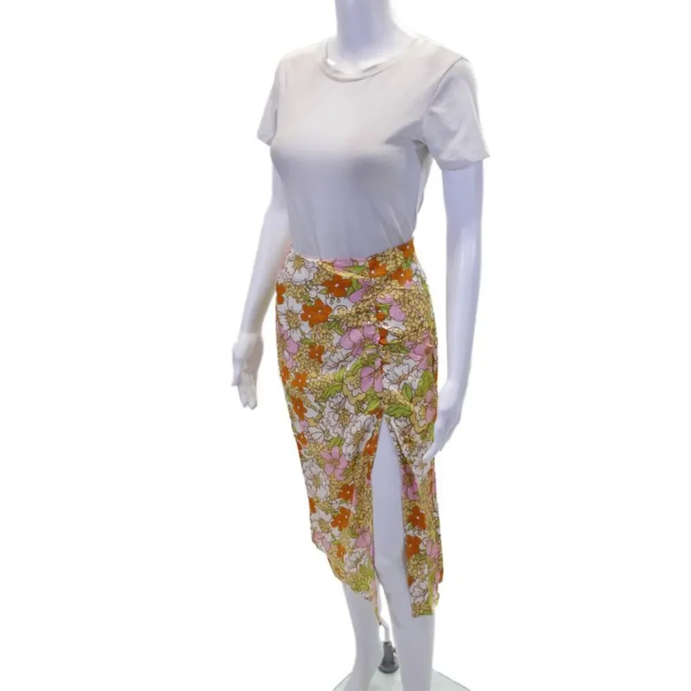 Rahi Womens Floral Print Ruched Side Split Mid-Calf Skirt Multicolor Size S